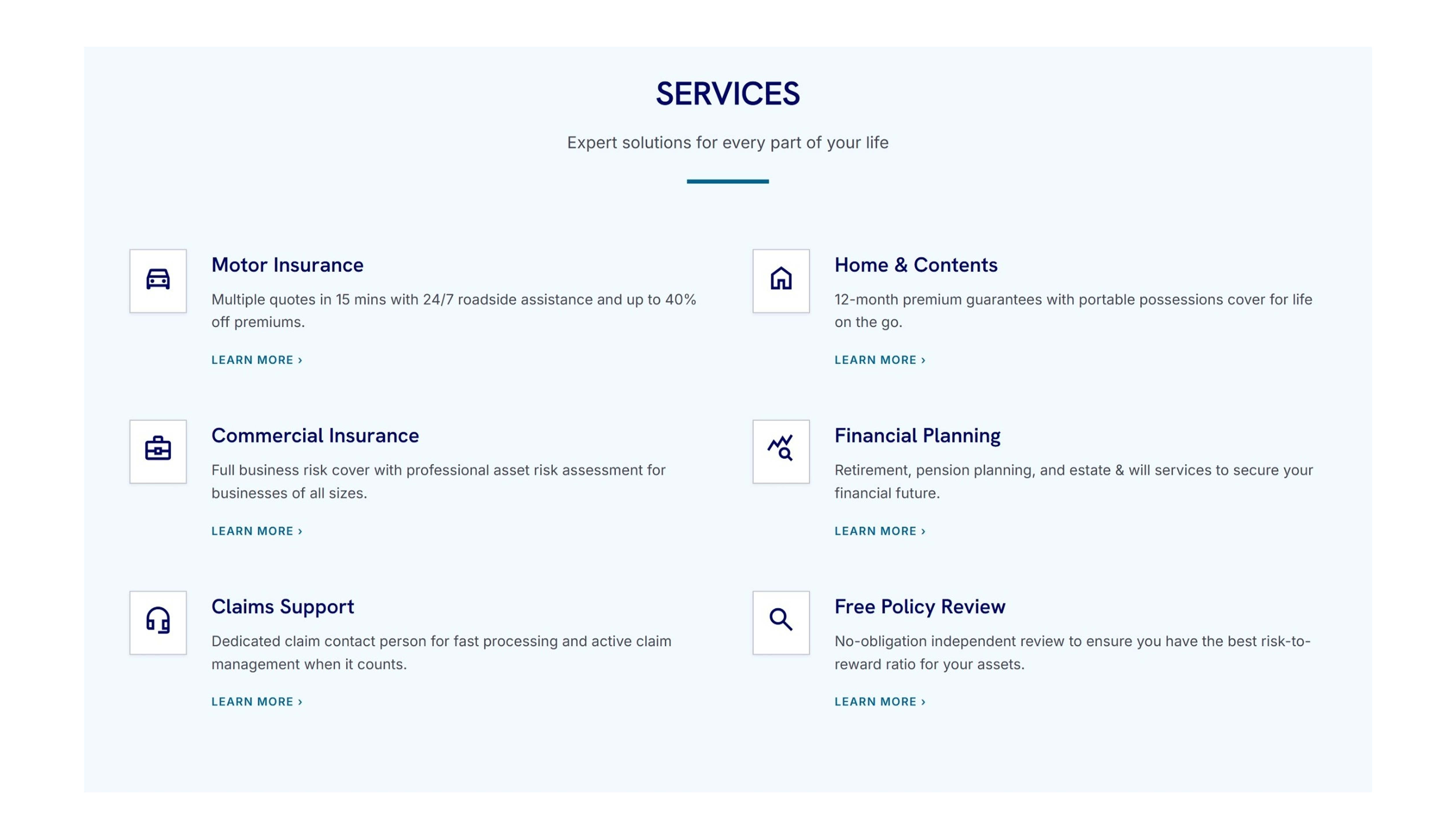 Services grid with six service cards